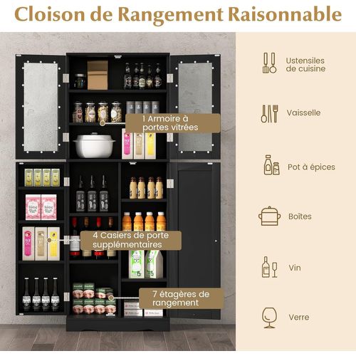 Vitrine En Verre 161,5 Cm, Armoire Cuisine Haute Avec 2 Portes Vitrées Et 2 Portes  Noir