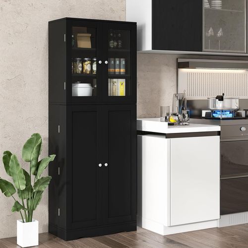 Vitrine En Verre 161,5 Cm, Armoire Cuisine Haute Avec 2 Portes Vitrées Et 2 Portes  Noir