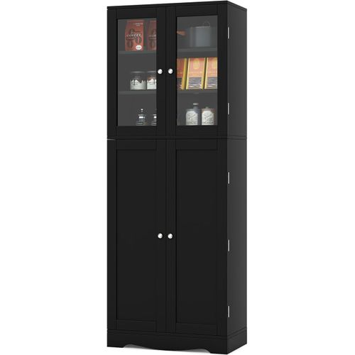 Vitrine En Verre 161,5 Cm, Armoire Cuisine Haute Avec 2 Portes Vitrées Et 2 Portes  Noir
