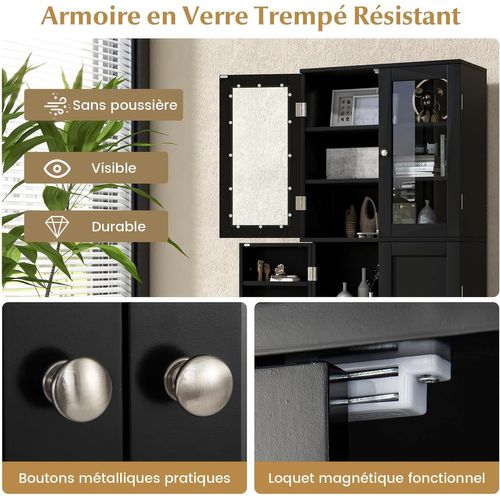 Vitrine En Verre 161,5 Cm, Armoire Cuisine Haute Avec 2 Portes Vitrées Et 2 Portes  Noir