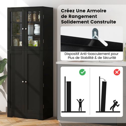 Vitrine En Verre 161,5 Cm, Armoire Cuisine Haute Avec 2 Portes Vitrées Et 2 Portes  Noir
