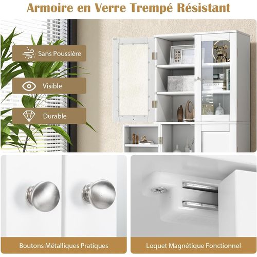 Vitrine En Verre 161,5 Cm, Armoire Cuisine Haute Avec 2 Portes Vitrées Et 2 Portes Blanc