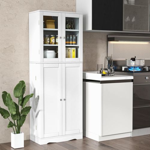 Vitrine En Verre 161,5 Cm, Armoire Cuisine Haute Avec 2 Portes Vitrées Et 2 Portes Blanc