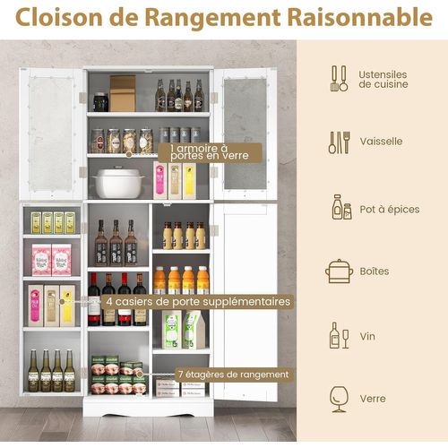 Vitrine En Verre 161,5 Cm, Armoire Cuisine Haute Avec 2 Portes Vitrées Et 2 Portes Blanc