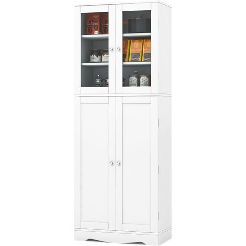 Vitrine En Verre 161,5 Cm, Armoire Cuisine Haute Avec 2 Portes Vitrées Et 2 Portes Blanc