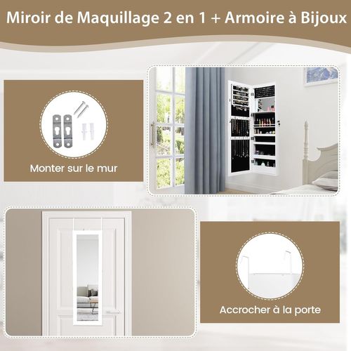 Armoire à Bijoux Murale Avec Miroir 12 LED,   Blanc