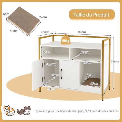 Meuble Litiere Chat Griffoir Amovible Industriel,89x45x74,5cm (blanc)