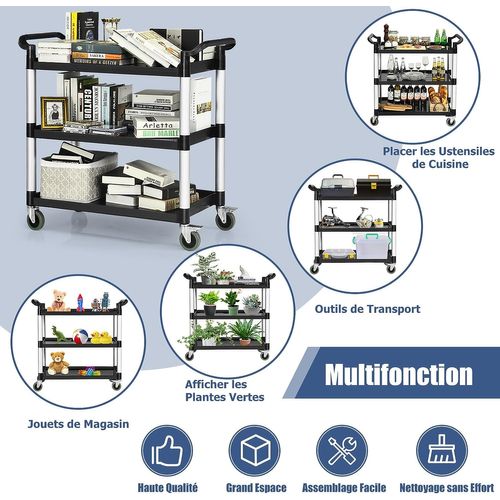 Chariot à Roulettes 3 Étagères 150 Kg, Chariot De Service Multifonctionnel 103 X 49 X 98 Cm, Noir