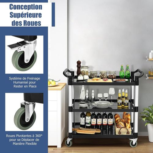 Chariot à Roulettes 3 Étagères 150 Kg, Chariot De Service Multifonctionnel 103 X 49 X 98 Cm, Noir