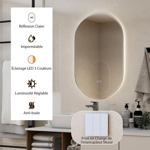 Miroir Salle De Bain LED Ovale 80 X 50 Cm Avec Eclairage 3 Couleurs/miroir Lumineux Antibuée Antidé