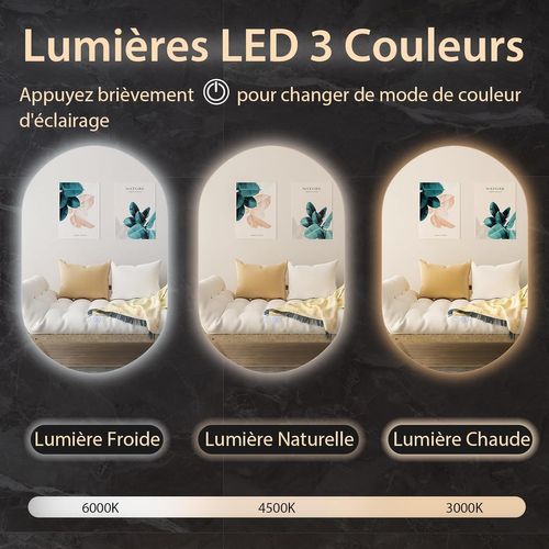 Miroir Salle De Bain LED Ovale 80 X 50 Cm Avec Eclairage 3 Couleurs/miroir Lumineux Antibuée Antidé