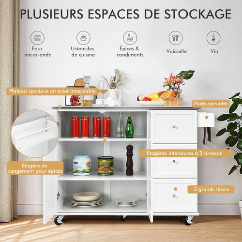 Desserte De Cuisine Sur Roulettes, Îlot Central Cuisine Plateau En Acier Inoxydable Blanc