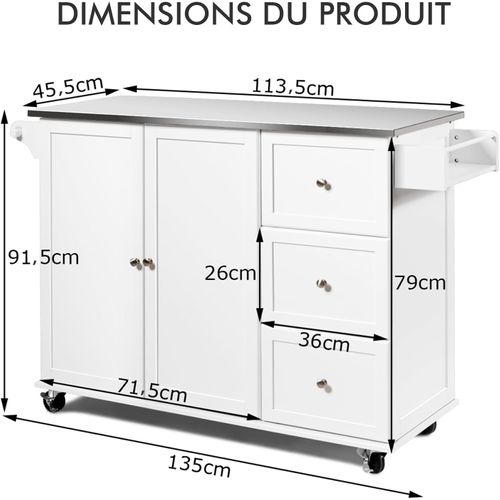 Desserte De Cuisine Sur Roulettes, Îlot Central Cuisine Plateau En Acier Inoxydable Blanc