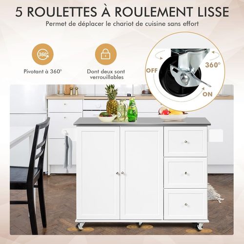 Desserte De Cuisine Sur Roulettes, Îlot Central Cuisine Plateau En Acier Inoxydable Blanc