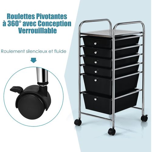 Chariot De Rangement À Roulettes Avec 6 Tiroirs Plastiques, Tour De Rangement, Cadre En Métal