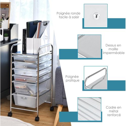Chariot De Rangement À Roulettes Avec 6 Tiroirs Plastiques, Tour De Rangement, Cadre En Métal,