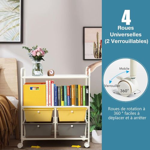 Chariot De Rangement À Roulettes Avec 4 Tiroirs Plastiques, Tour De Rangement, Cadre En Métal