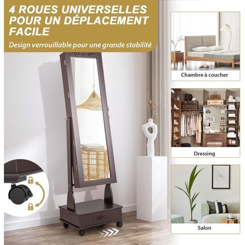 Armoire à Bijoux à Roulettes,Organisateur De Bijoux Verrouillable Réglable à 3 Positions,Marron