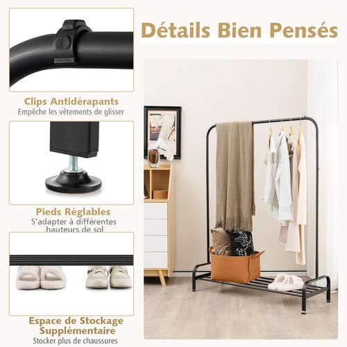 Portant à Vêtement Avec Étagère De Chaussures, Penderie Vêtement Hauteur 145cm, Noir