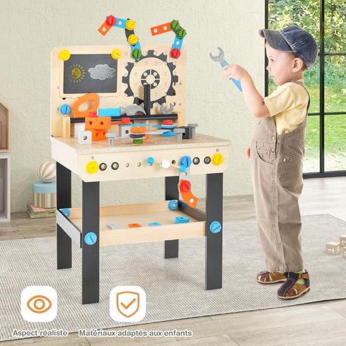Jouet D'etabli En Bois Pour Enfants Avec 6 Outils Et 75 Accessoires(46x37x72cm)
