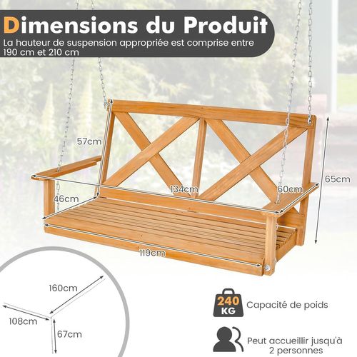 Balançoire De 134 Cm De Porche Pour 2 Personnes, Charge Jusqu'à 240 Kg