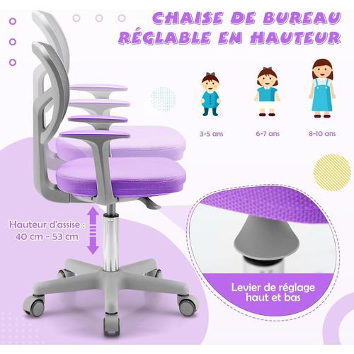 Chaise De Bureau Pivotante Enfants Avec Hauteur Réglable 80-91,5cm, Siège à Roulettes Enfants