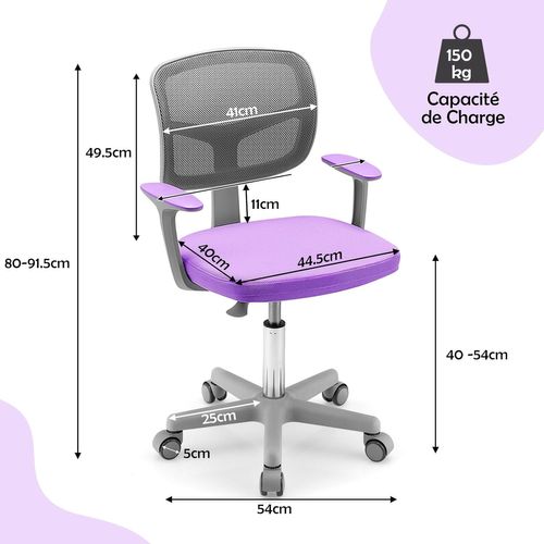 Chaise De Bureau Pivotante Enfants Avec Hauteur Réglable 80-91,5cm, Siège à Roulettes Enfants