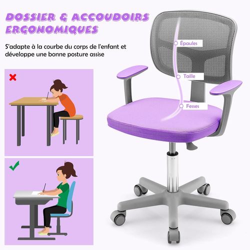 Chaise De Bureau Pivotante Enfants Avec Hauteur Réglable 80-91,5cm, Siège à Roulettes Enfants