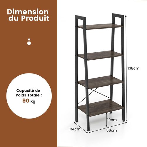 Étagère à 4 Niveaux, Bibliothèque Étagère De Rangement Style Industriel 56 X 34 X 138 Cm(chêne Gris)