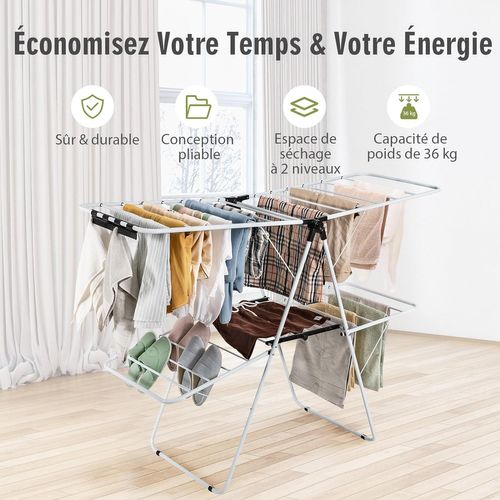 Étendoir Linge Intérieur, Sechoir à Linge Pliable En Acier 2 Niveaux, Tancarville Linge Solide