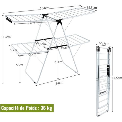 Étendoir Linge Intérieur, Sechoir à Linge Pliable En Acier 2 Niveaux, Tancarville Linge Solide