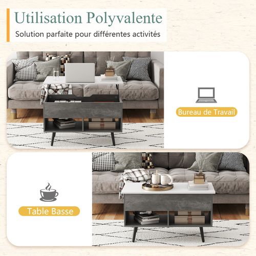 Table Basse Relevable Avec 2 Compartiments Et Rangement Caché