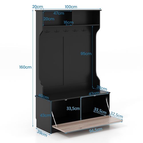 Meuble D'entrée 160 Cm Avec Porte-manteau Et Banc De Rangement, Porte-manteau Multifonctionnel Noir