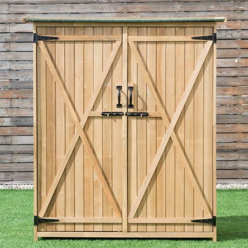 Abri De Jardin En Bois, Double Portes Avec Loquet, Toit Incliné En Asphalte