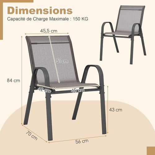 Lot De 2 Chaises De Jardin Exterieures Avec Cadre En Métal, Empilable, Fauteuil (gris, 2)