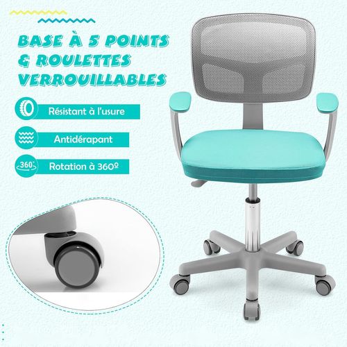 Chaise De Bureau Pivotante Enfants Avec Hauteur Réglable 80-91,5cm, Siège à Roulettes, 3-10 Ans