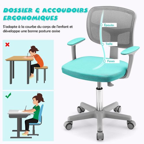Chaise De Bureau Pivotante Enfants Avec Hauteur Réglable 80-91,5cm, Siège à Roulettes, 3-10 Ans
