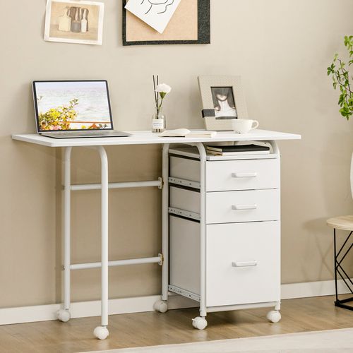 Bureau Pliable Avec 3 Tiroirs, Table D'écriture Roues Verrouillables, Appartement Blanc