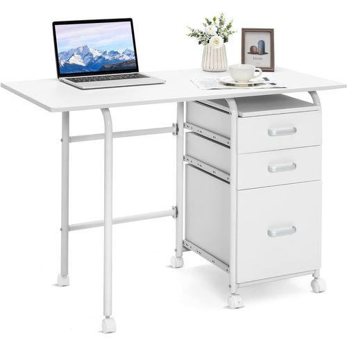 Bureau Pliable Avec 3 Tiroirs, Table D'écriture Roues Verrouillables, Appartement Blanc