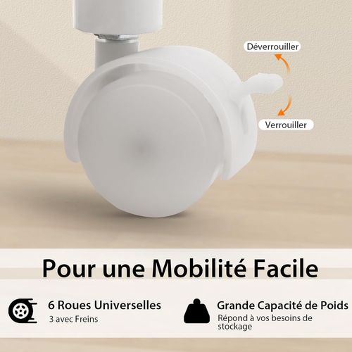 Bureau Pliable Avec 3 Tiroirs, Table D'écriture Roues Verrouillables, Appartement Blanc