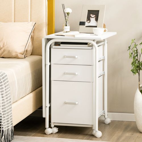 Bureau Pliable Avec 3 Tiroirs, Table D'écriture Roues Verrouillables, Appartement Blanc