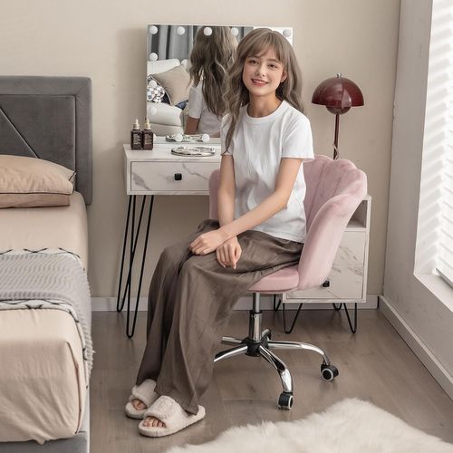 Fauteuil De Bureau En Velours Avec Roues Universelles, Chaise Coiffeuse Avec Hauteur Réglable (rose)