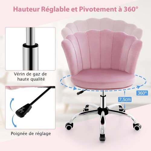 Fauteuil De Bureau En Velours Avec Roues Universelles, Chaise Coiffeuse Avec Hauteur Réglable (rose)