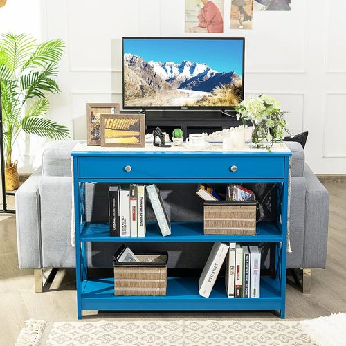 Table Console à 3 Niveaux, Console Entrée 1 Tiroir Et 2 Étagères, Cadre En X, 100x30x80cm Bleu