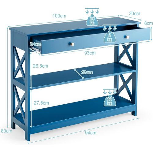Table Console à 3 Niveaux, Console Entrée 1 Tiroir Et 2 Étagères, Cadre En X, 100x30x80cm Bleu