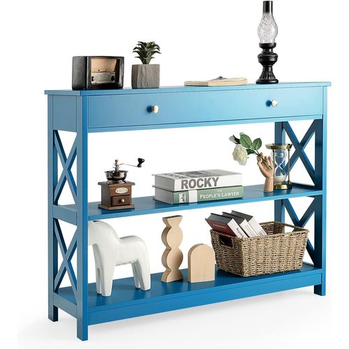 Table Console à 3 Niveaux, Console Entrée 1 Tiroir Et 2 Étagères, Cadre En X, 100x30x80cm Bleu