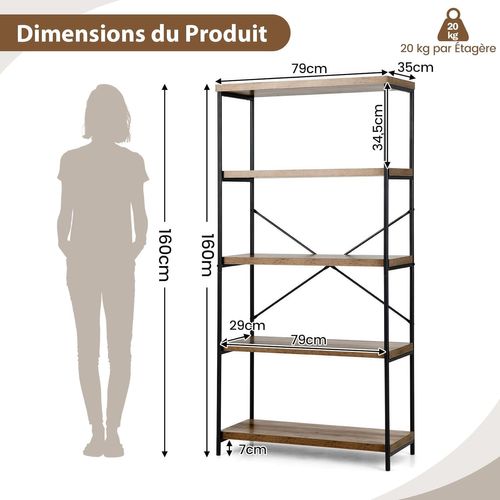 Bibliothèque Étagère à 5 Niveaux, Bibliothèque Industrielle En Bois Avec Cadre En Métal(marron)