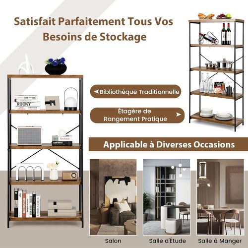 Bibliothèque Étagère à 5 Niveaux, Bibliothèque Industrielle En Bois Avec Cadre En Métal(marron)