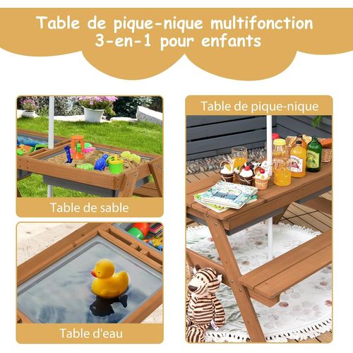 3 En 1 Table De Pique-nique Enfants Avec Parasol Amovible, Table De Jardin, Charge 50kg