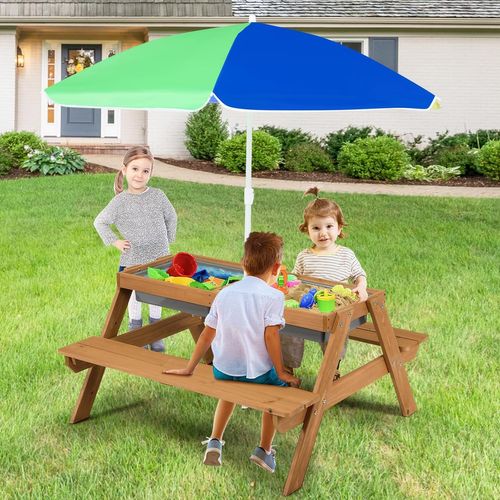 3 En 1 Table De Pique-nique Enfants Avec Parasol Amovible, Table De Jardin, Charge 50kg